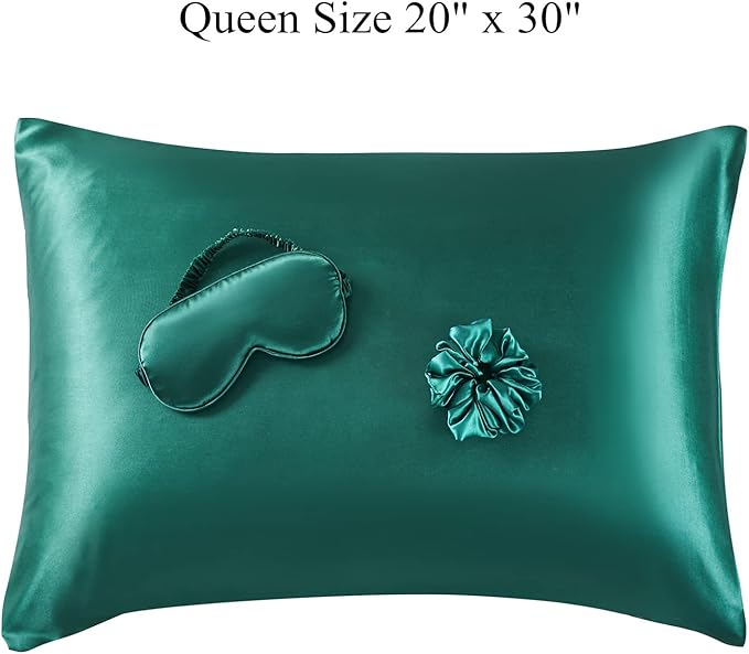 Satin Pillowcase for Hair and Skin, Vegan Silk Pillowcase Set-2 Dark Green Satin Pillowcases, 1 Eye Mask, 1 Scrunchie-Luxury Sleep Set, Silky Pillow Cases Queen Size with Envelope Closure