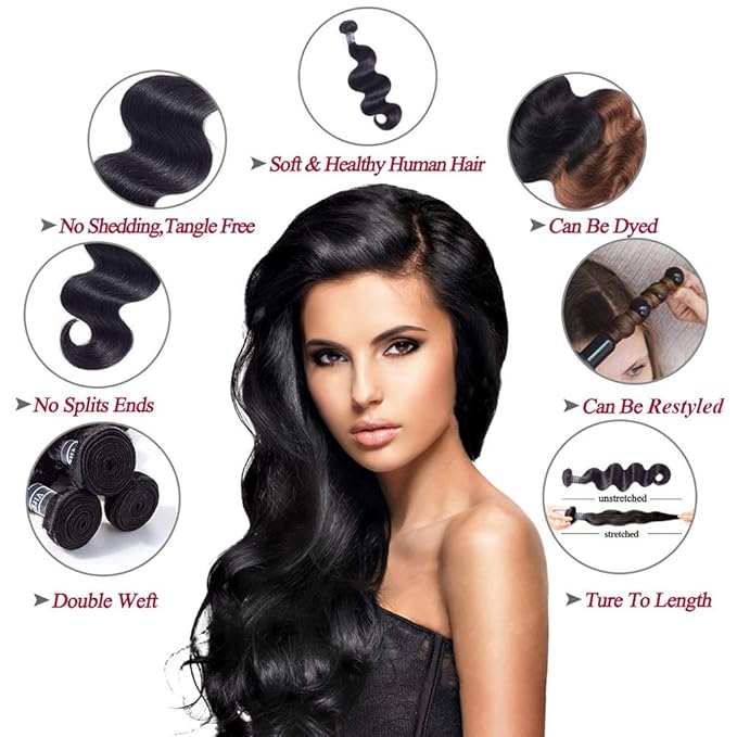 Amella Hair Brazilian Body Wave Hair 3 Bundles with Free Part Closure 10A Unprocessed Virgin Human Hair Bundles with Closure Natural Black Color(20 22 24+20inch free part closure)