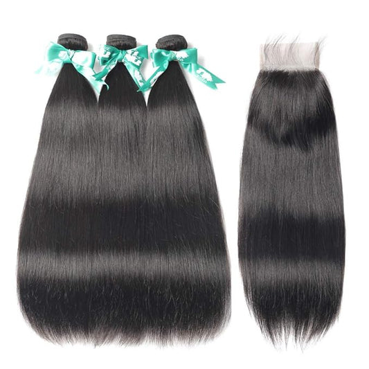 Straight Hair Bundles with Closure (24 26 28+20 Closure) 100% Brazilian Straight Virgin Hair 3 Bundles with Lace Closure Free Part Human Hair Extensions Natural Black Color