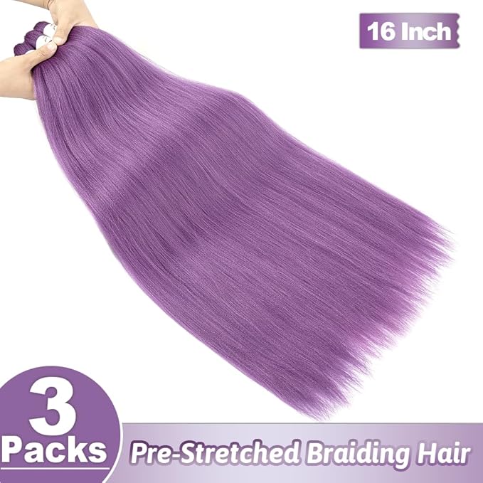 Pre stretched Braiding Hair Extensions Hot Water Setting Synthetic Hair Pre Stretched Crochet Braids Hair 16 Inch 3 Pack Lavender#
