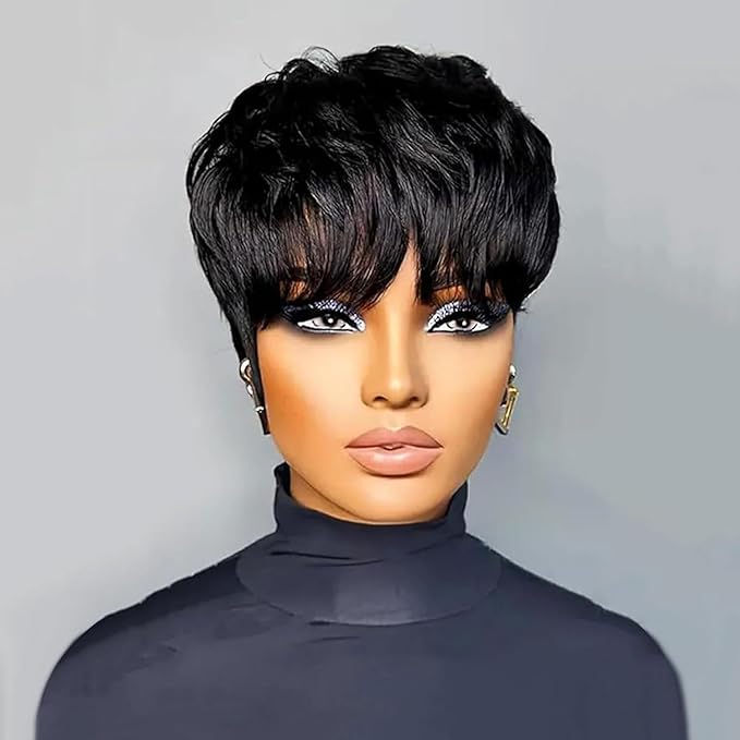 UMEGOOD Pixie Cut Wig Human Hair Pixie Cut Wigs for Black Women Glueless Short Layered Brazilian Virgin Human Hair Wigs For Women Natural Black Color