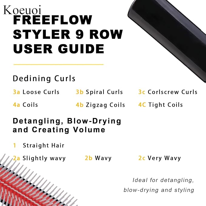 Classic Styling Hair Brush for Wet or Dry Curly Hair. 9 Row Black Brush for Detangling, Separating, Shaping