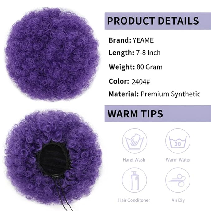YEAME Short Kinky Curly Synthetic Afro Puff Drawstring Ponytail for Black Women and Girls (2404 Purple)