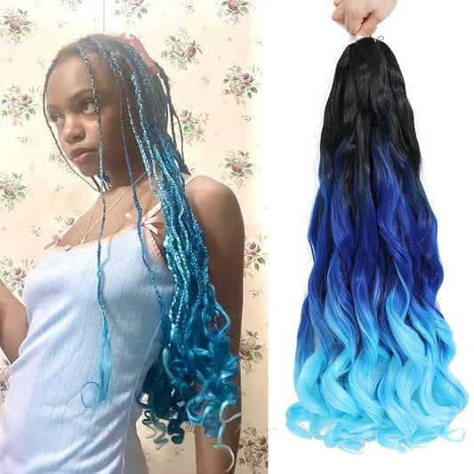 Ombre blue French Curly Braiding Hair 24 Inch 6 Packs Black Loose Wave Bouncy Crochet Hair Pre Stretched 100g/pack Yaki Curly Braiding Hair for Black Women Hair Extensions (Ombre blue)