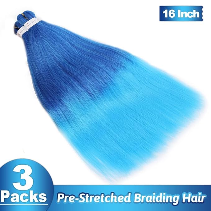 Umylar Hair Extensions 16 '' Pre Stretched Crochet Braids Hair Hot Water Setting Synthetic Hair(3 Packs,Dark Blue/Light Blue#)