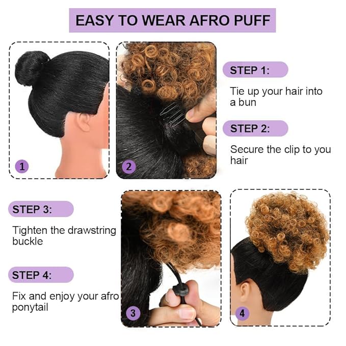 YEAME Afro Puff Drawstring Ponytail for Black Women, Short Kinky Curly Afro Ponytail Synthetic Hair Puffs, Premium Black Afro Bun Drawstring Ponytail for Women Girls （1B30 Black to Auburn Brown）