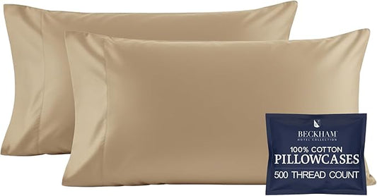 Beckham Hotel Collection 100% Cotton Pillow Cases Standard/Queen Size Set of 2, 500TC, Luxury Sateen Pillowcases, Open End, Breathable, Moisture-Wicking, Sand