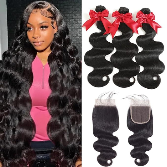 12A Human Hair Bundles with Closure 24 26 28 with 20 Inch Brazilian Body Wave 3 Bundles Human Hair with 4x4 HD Lace Closure 100% Unprocessed Virgin Human Hair Weave
