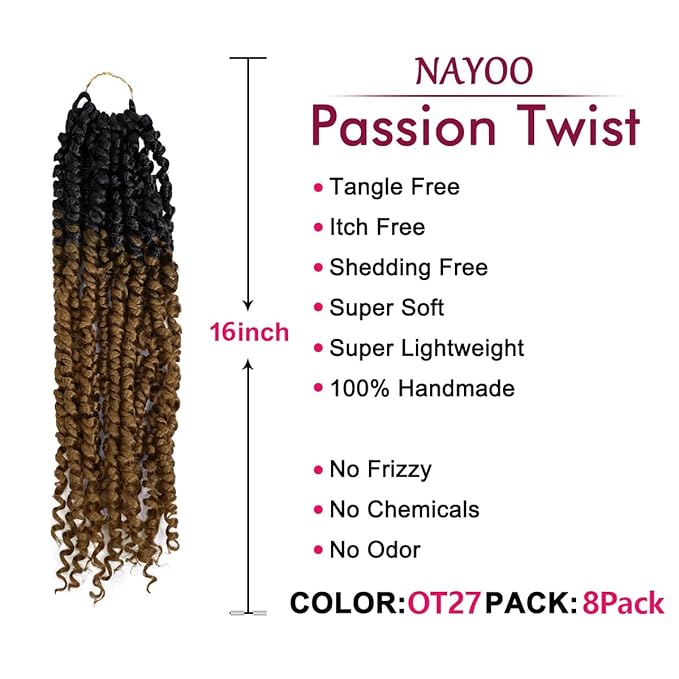 NAYOO Passion Twist Hair - 8 Packs 16 Inch Passion Twist Crochet Hair For Women, Crochet Pretwisted Curly Hair Passion Twists Synthetic Braiding Hair Extensions(16 Inch 8 Packs, OT27)