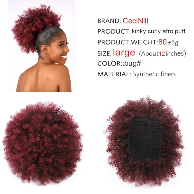 Afro Puff kinky curly Drawstring Ponytail Extension for Black Women Synthetic Short Afro Kinkys Curly Afro Bun Extension Hairpieces Updo Hair Extensions with Two Clips(TBUG#)