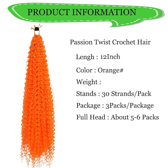 Passion Twist Hair Extensions Orange Curly Crochet Hair 12 Inch Short Curly Braiding Hair 3 Packs Crochet Braids with Curls for Black Women(12",Orange)