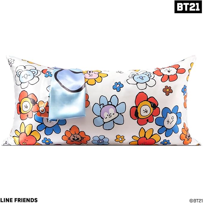 Kitsch x BT21 Satin Pillowcase with Zipper – Better Than Silk Pillowcase, Koya Character & Funky Floral Print – Soft Cooling Toddler Bed Time Pillow Case for Hair & Skin – King Size 19x36