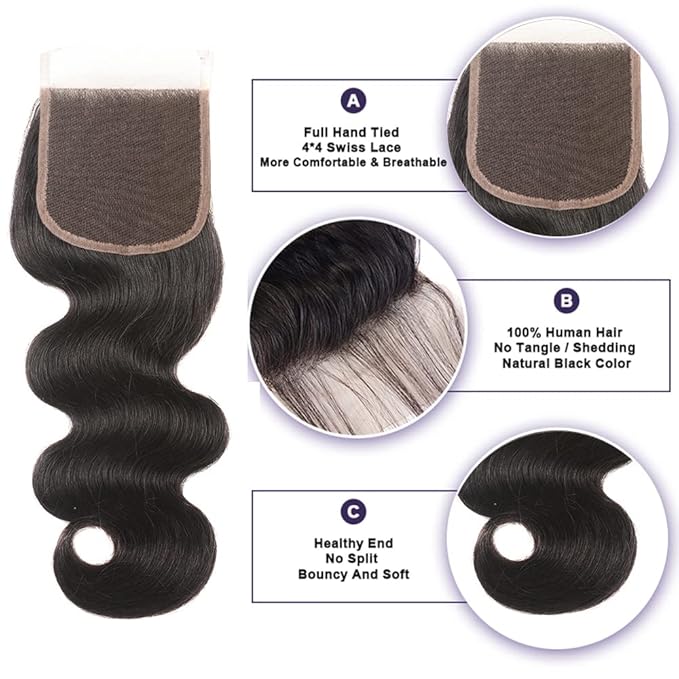 Bundles with Closure Brazilian Body Wave 3 Bundles with Closure Virgin 100% Unprocessed Human Hair Extensions 4x4 Free Part Lace Closure Natural Color (16 18 20+14)