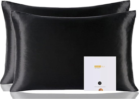 ZIMASILK 100% Pure Mulberry Silk Pillowcase 2 Pack, Soft and Smooth,Both Sides Premium Grade 6A Silk,600 Thread Count,with Hidden Zipper (Queen 20''x30'',Black)