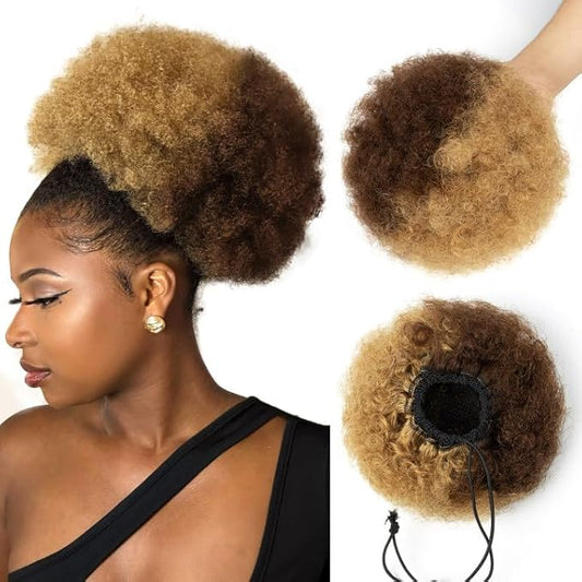 Afro Puff Clip On Human hair Drawstring Ponytail for Black Women,Short Afro Kinkys Curly Afro Bun Extension Hairpiece Ponytail Extension 8 Inch #4-27 Medium Brown/Dark Blonde 60g