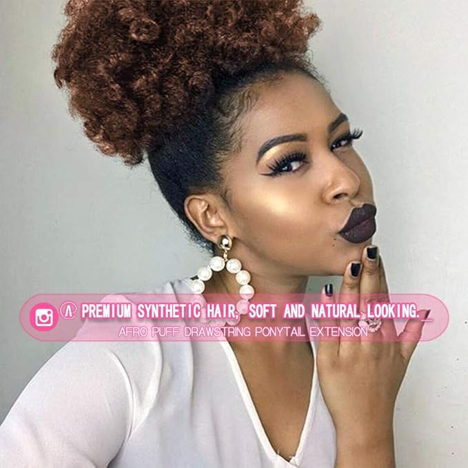 rosmile Afro Puff Drawstring Ponytail Extension for Black Women, Premium Medium Brown #4 80 Gram Short Synthetic Afro Puff Ponytail for Natural Hair, Clip On Kinky Drawstring Curly Ponytail Bun