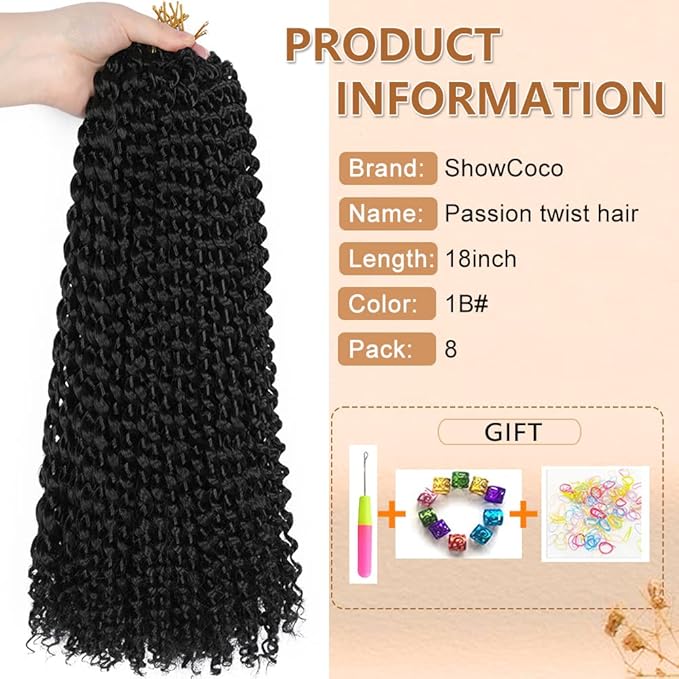 ShowCoco 8 Packs Passion Twist Hair Water Wave Crochet Hair for Passion Twist Crochet Braiding Hair Long Bohemian Hair Braiding Passion Twist Braids Synthetic Hair Extensions(18 Inch, #1B)