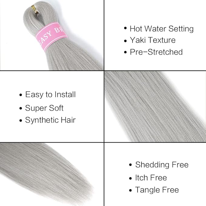 AQINBEL Braiding Hair 8 Bundles/Pack 26" Pre-Stretched Silver Grey Extensions - Itch-Free Crochet Twist Braids With Yaki Texture for Women