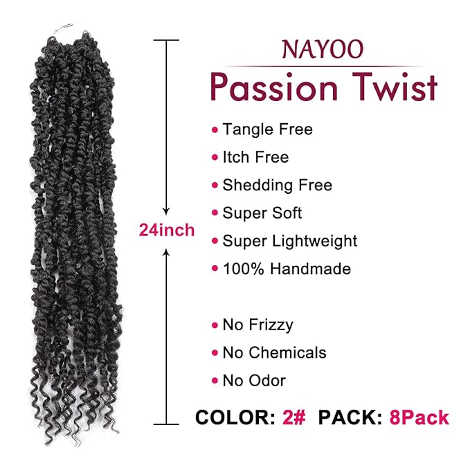Passion Twist Hair - 8 Packs 24 Inch Passion Twist Crochet Hair For Black Women, Crochet Pretwisted Curly Hair Passion Twists Synthetic Braiding Hair Extensions(24 Inch 8 Packs, #2)