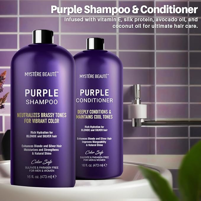 Purple Shampoo and Conditioner Set, For Blonde, Silver, and Gray Hair - Purple Shampoo Conditioner for Men Women, Sulfate Free Anti Yellowing Vibrant Color Protection - 16 fl oz each