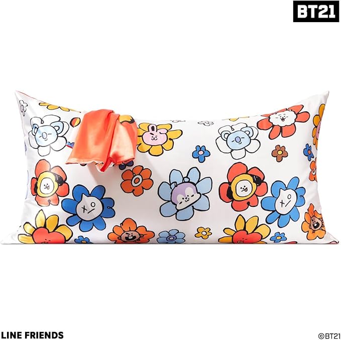 Kitsch x BT21 Satin Pillowcase with Zipper – Better Than Silk Pillowcase, Tata Character & Funky Floral Print – Soft Cooling Toddler Bed Time Pillow Case for Hair & Skin – King Size 19x36