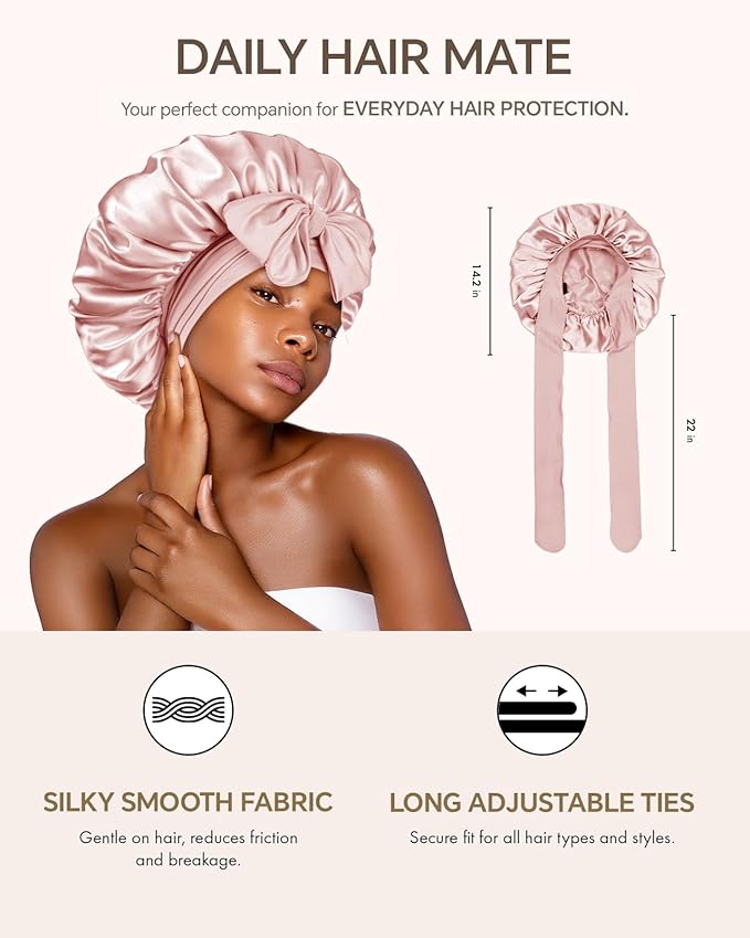 Silk Bonnet for Sleeping Women Double Layer Hyaluronic Acid Satin Bonnet with Adjustable Tie Band Sleep Cap for Curly Hair