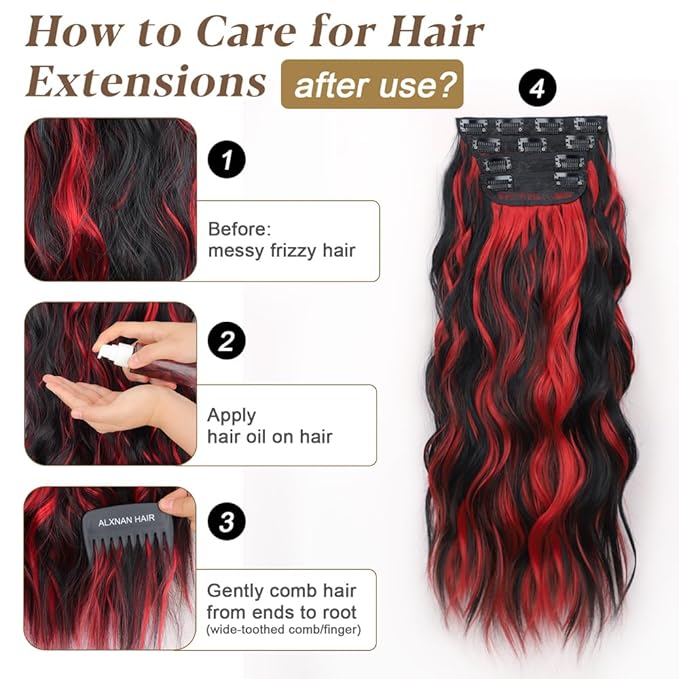 ALXNAN Clip in Long Wavy Hair Extension 24 Inch Black Red Highlights Hair Extensions 4PCS Thick Hairpieces Fiber Double Weft Hair for Women