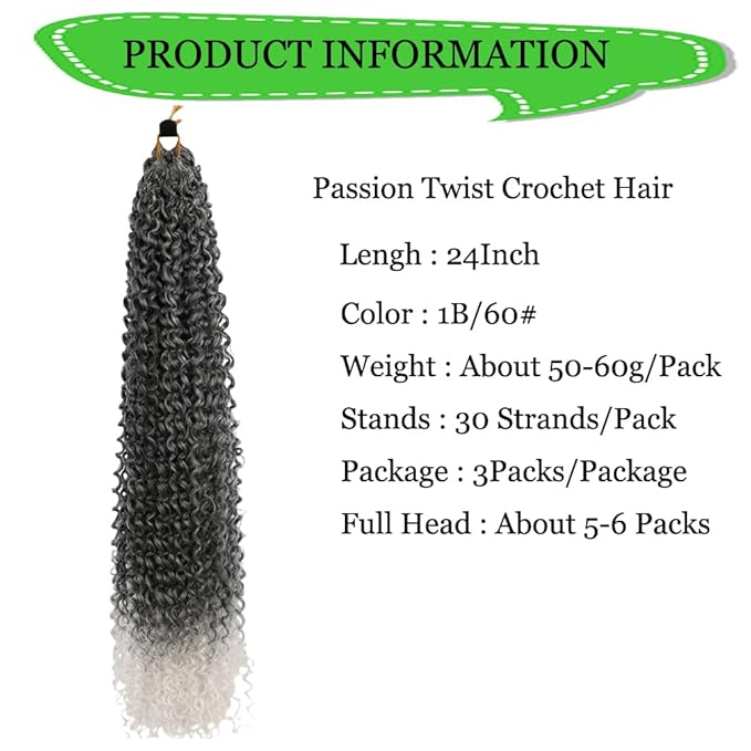 Curly Crochet Hair Extensions Black to White Ombre Passion Twist Braids 24Inch Long Curly Braiding Hair 3Packs Spring Crochet Braids Hair Extensions Goddess Box Braids for Black Women(24",1B60)