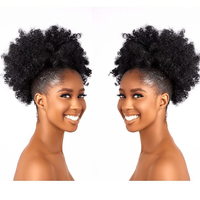 Afro Puff kinky curly Drawstring Ponytail Extension for Women Synthetic Short Afro Kinkys Curly Afro Bun Extension Hairpieces Updo Hair Extensions with Two Clips(1B)