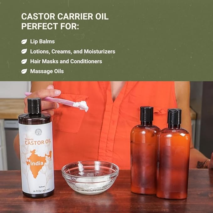 Organic Castor Oil Direct From India - Cold Pressed Castor Oil For Face, Hair Growth, Eyelash Serum, Eyebrow - Skin and Face Moisturizer and Detox - Hexane Free 32oz