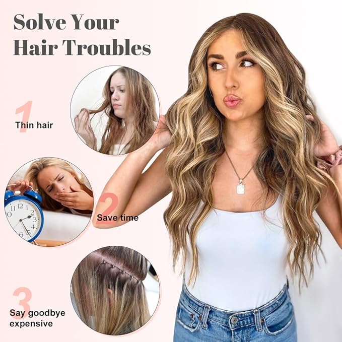 ALXNAN Clip in Long Wavy Hair Extension 20 Inch Chocolate Brown to Honey Blonde Hair Extensions 4PCS Thick Hairpieces Fiber Double Weft Hair for Women