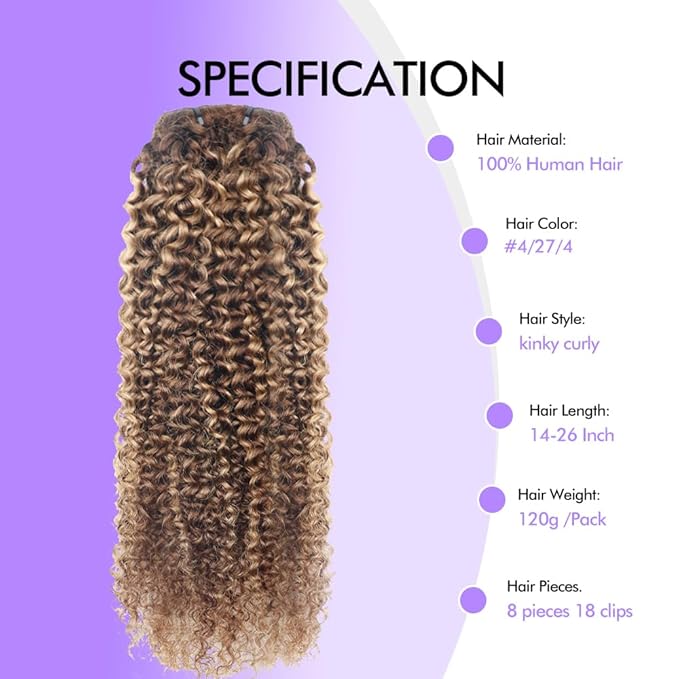 Curly Clip In Hair Extensions Real Human Hair Clip Ins Balayage Chocolate Brown to Caramel Blonde Human Hair Extensions 8Pcs with18clips 120g/Set (22 inch，#4/27/4)