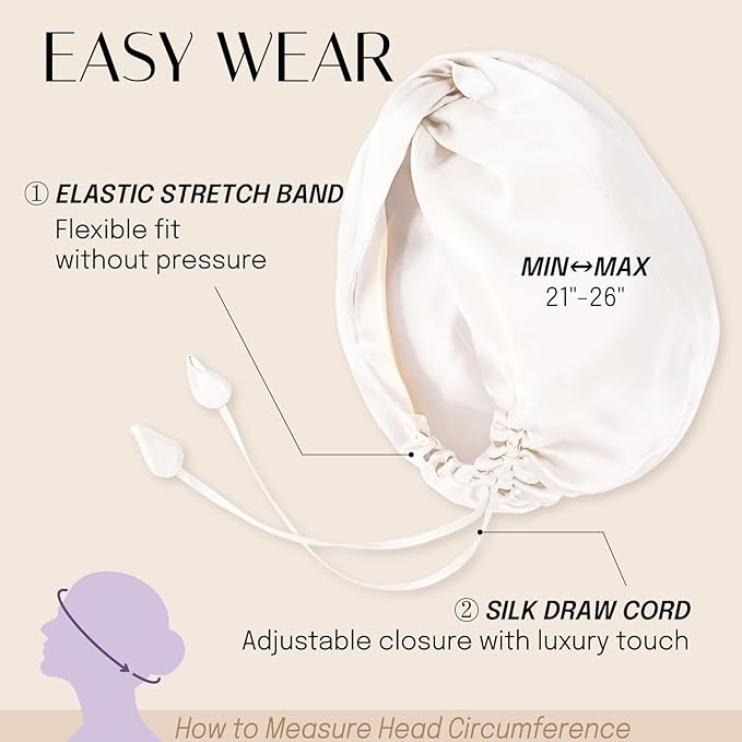 OLESILK Silk Bonnet for Sleeping Women: 100% Mulberry 22 Momme Silk, Adjustable Fit for Night Hair Care, No Frizz for Curls, White
