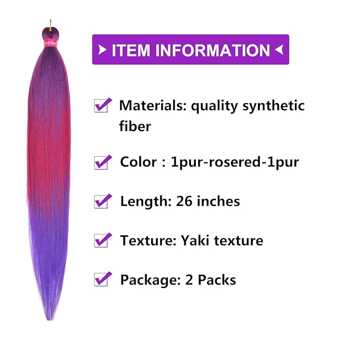 Rose/Dark Purple Braiding Hair Pre Stretched 2 Packs Box Braids Hair Extensions 26 Inches Synthetic Pre Stretched Braiding Hair…
