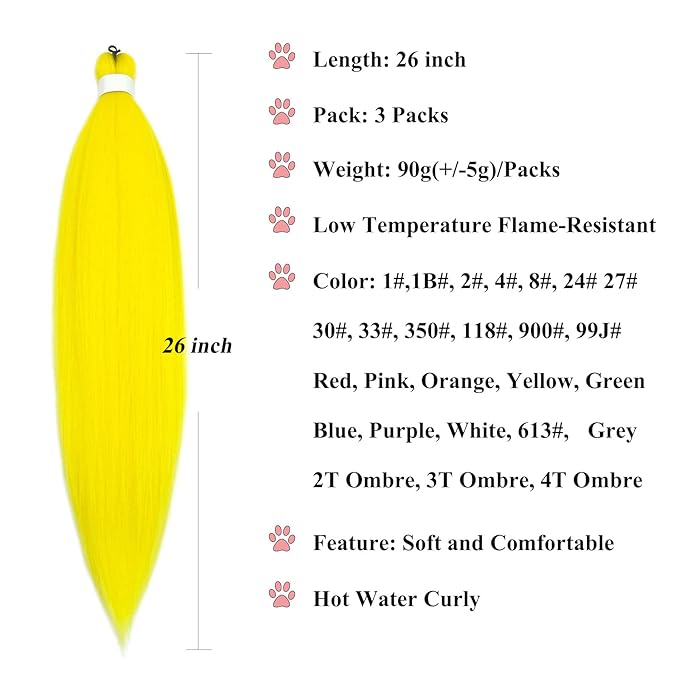 Yellow Braiding Hair Pre Stretched 26 Inch Long Prestretched Prestressed Braiding Hair Synthetic Fake Colored Hair Extensions for Box Braids Twist Crochet Hair (Yellow Braids 3 Packs)