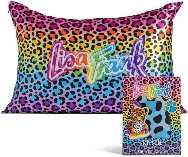 Kitsch x Lisa Frank Satin Pillowcase with Zipper for Hair & Skin, Softer Than Silk Pillow Cases Queen, Wrinkle-Free, Smooth and Cooling Satin Pillow Covers Standard/Queen Size 19x26 - Rainbow Leopard