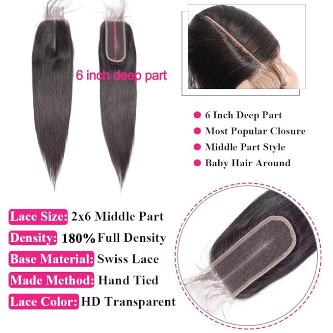 2x6 HD Lace Closure with Bundles Human Hair 10 12 14+10 Inch 12A Brazilian Straight Human Hair Bundles with 2x6 Closure 100% Unprocessed Virgin Weave Hair Extensions