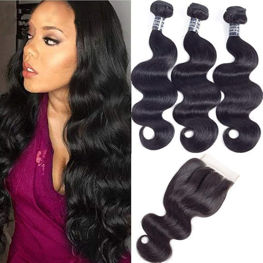 Amella Hair 8A Unprocessed Brazilian Body Wave Bundles with Closure (16 18 20 +16Closure,Natural Black) Virgin Brazilian Hair Bundles Weave with Lace Closure Three Part