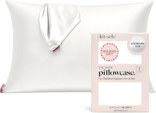 Kitsch Satin Pillowcase with Zipper for Hair & Skin, Softer Than Silk Pillow Cases Standard Size, Wrinkle-Free, Smooth and Cooling Satin Pillow Covers, 19"x26" - Ivory