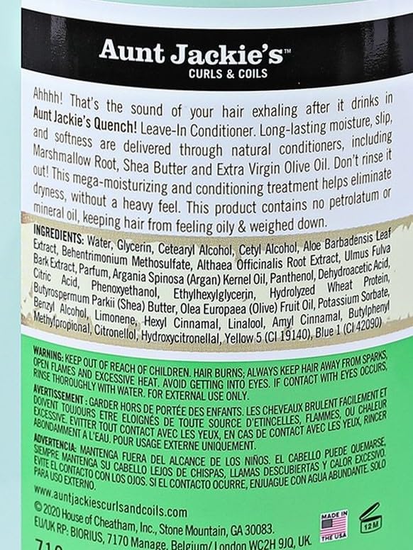 Aunt Jackie's Curls and Coils Quench Moisture Intensive Leave-In Hair Conditioner for Natural Curls, Coils and Waves, Enriched with shea Butter, 16 oz