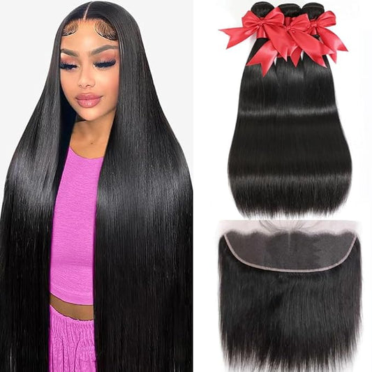 12A Straight Bundles with Frontal Human Hair 12 14 16+10 Inch Brazilian Human Hair Bundles with Frontal 100% Unprocessed Virgin Weave Hair with 13x4 HD Lace Closure