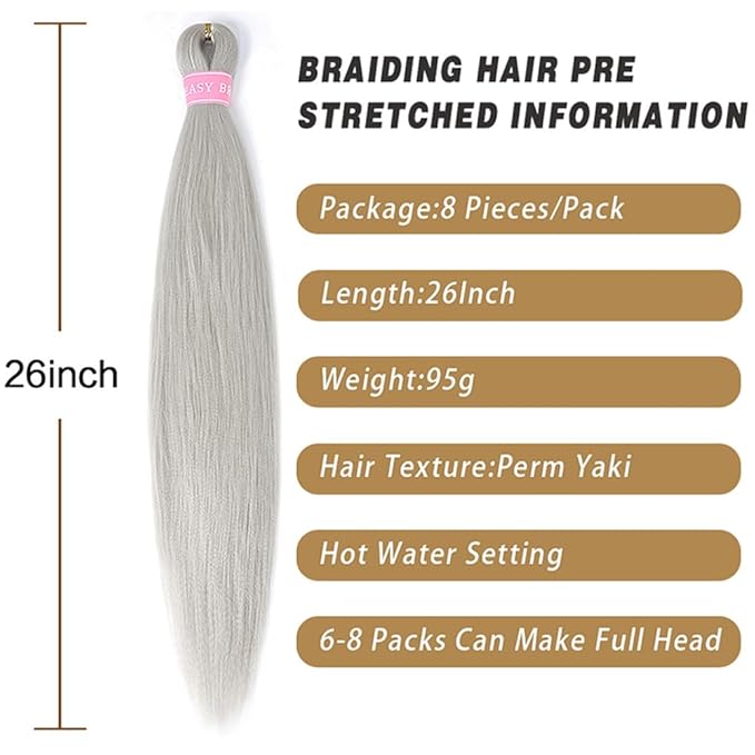 AQINBEL Braiding Hair 8 Bundles/Pack 26" Pre-Stretched Silver Grey Extensions - Itch-Free Crochet Twist Braids With Yaki Texture for Women