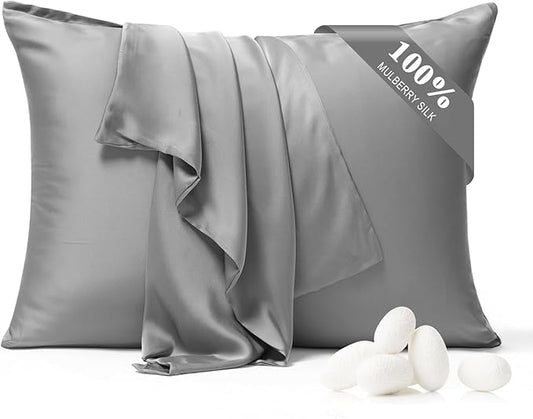 100% Pure Silk Pillowcase 2 Pack for Hair and Skin, Both Sides 23 Momme Grade 6A+ Mulberry Silk Pillowcases with Hidden Zipper, Soft&Smooth Cooling Pillow Cases (Gray, Queen 20x30)
