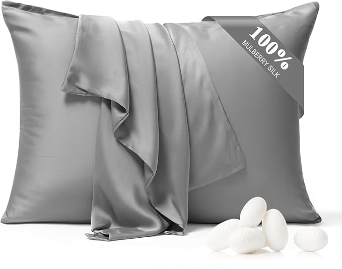 100% Pure Silk Pillowcase 2 Pack for Hair and Skin, Both Sides 23 Momme Grade 6A+ Mulberry Silk Pillowcases with Hidden Zipper, Soft&Smooth Cooling Pillow Cases (Gray, Standard 20x26)