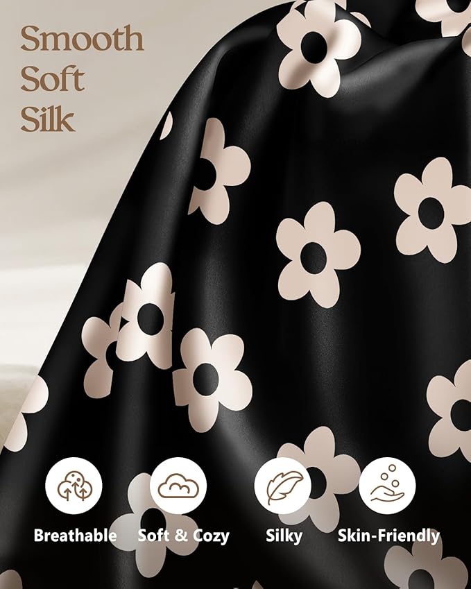 Silk Pillowcase 2 Pack - Cute Pillow Cases 20" x 26" Standard Size Set of 2 for Hair and Skin Smooth Soft Breathable with Hidden Zipper Cooling Pillow Covers for Sleeping, Black Flower