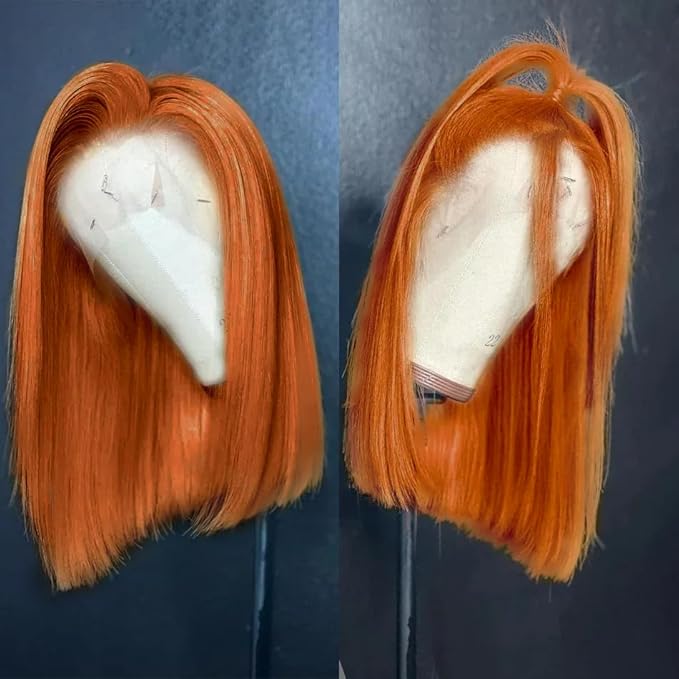 250% Density Ginger Bob Lace Front Wig Human Hair 13x4 Orange HD Lace Closure Human Hair Wig Pre Plucked with Baby Hair Short Ginger Straight Bob Colored Wig for Women 16 Inch