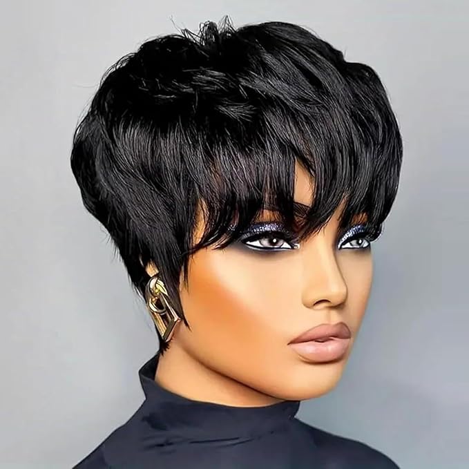 UMEGOOD Pixie Cut Wig Human Hair Pixie Cut Wigs for Black Women Glueless Short Layered Brazilian Virgin Human Hair Wigs For Women Natural Black Color