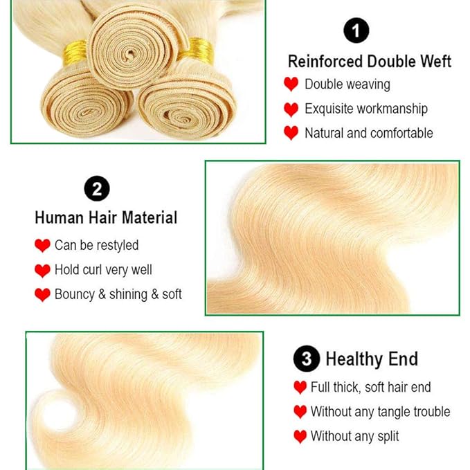 613 Blonde Body Wave Bundles Human Hair with Closure (14 16 18+12") 12A Grade Brazilian Virgin 613 Blonde Body Wave Human Hair 3 Bundles with Transparent Lace Closure
