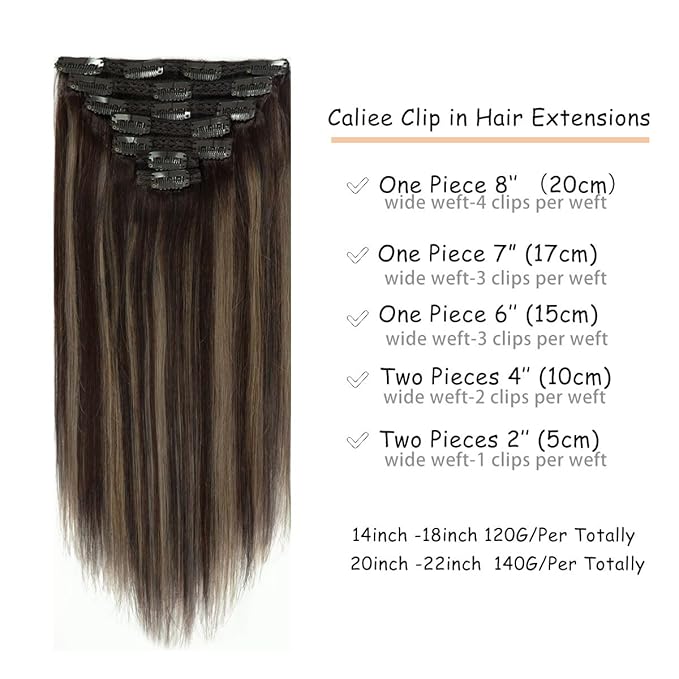 Caliee Clip in Hair Extensions Human Hair Dark Brown and Chestnut Brown with Dark Brown Roots Thick Natural 140 G Lace Clip in Hair 22 Inch