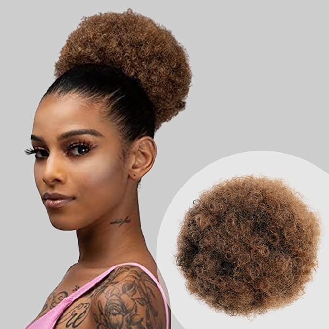GLAM21USA Afro Puff Drawstring Ponytail Retro Kinky Curly Ponytail Wig Clip in Bun Hair Piece for Black Women Synthetic Hair Extension (SMALL, T1B/30)
